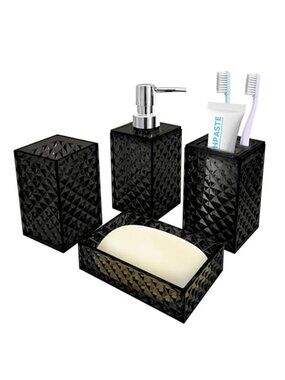 Bathroom Accessory Set Soap Dispenser Toothbrush Holder Black 4 Piece